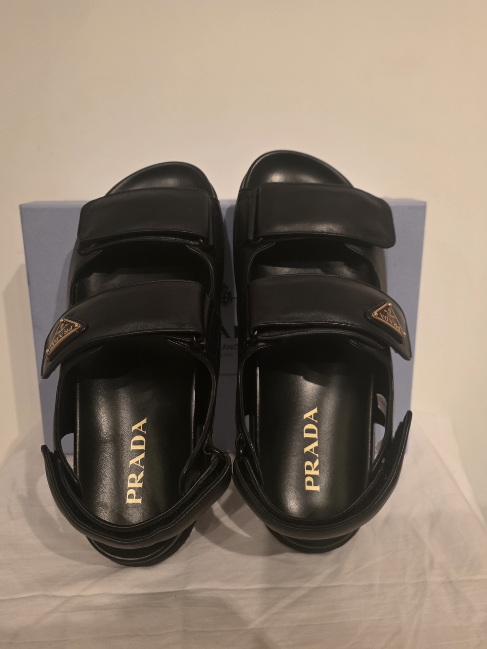 Prada Black Leather Velcro Sandals